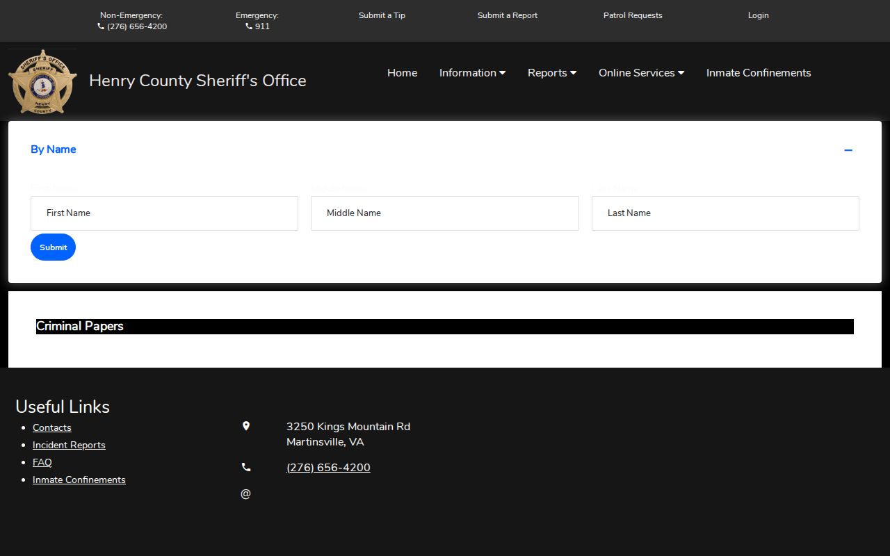 Henry County arrest search criminal papers name fields