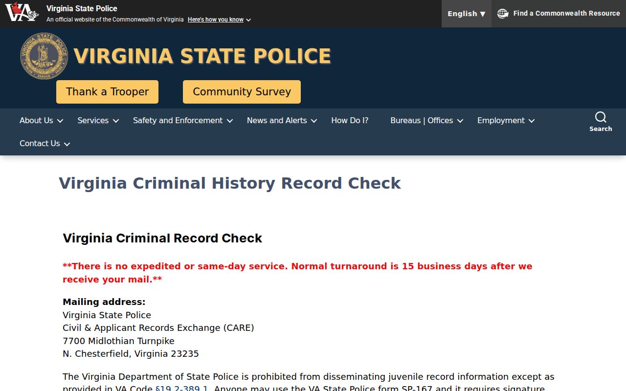 Henry County criminal history Virginia State Police check options